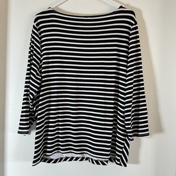 Chicos Top Blouse sz 3 XL Black White Stripe 3/4 Sleeve Stretch Knit V neck - Picture 2 of 6